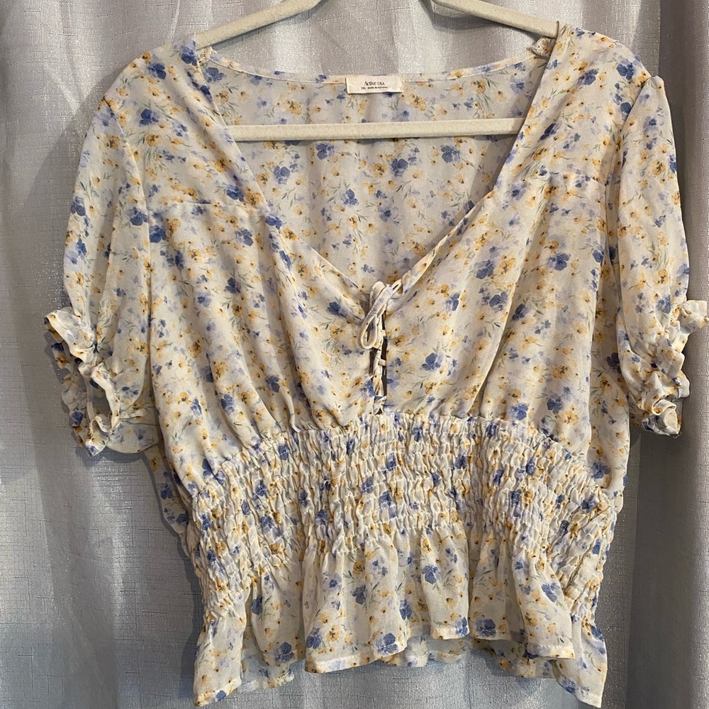 Active USA Blue and Yellow Floral Smocked Blouse
